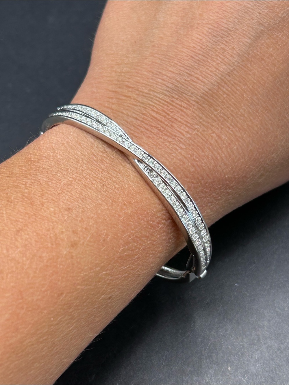 Swarovski Crossover Pave Crystal Hinged Bangle Bracelet Silver Tone